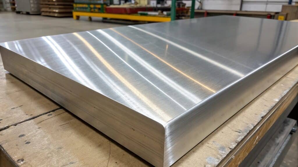 A stack of 7075 aluminum plates with a large price tag symbol on them, next to a smaller stack of 6061 plates with a smaller price tag.